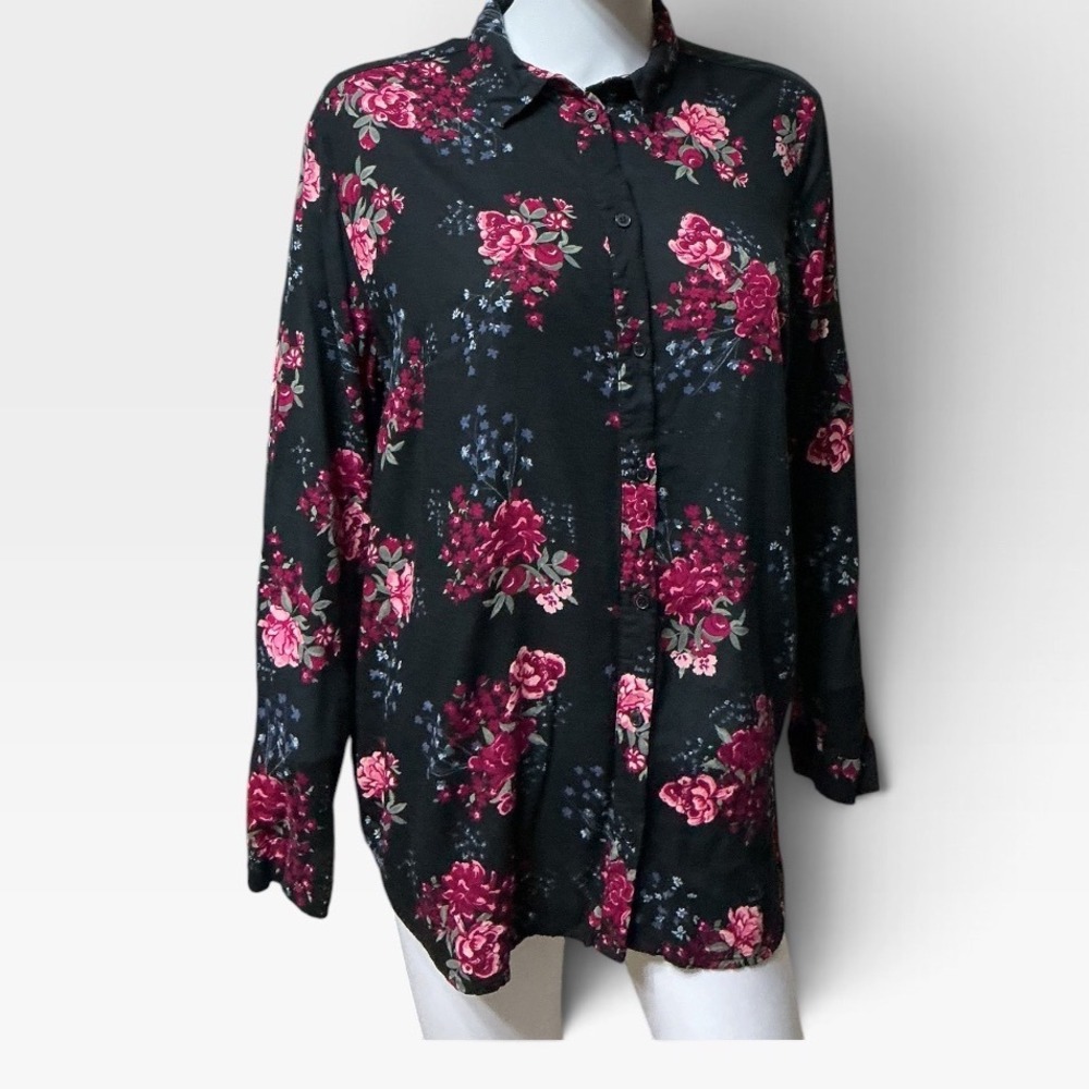 HM Divided Womens Size 14 Black Floral Button Up Tunic Shirt Long Sleeve